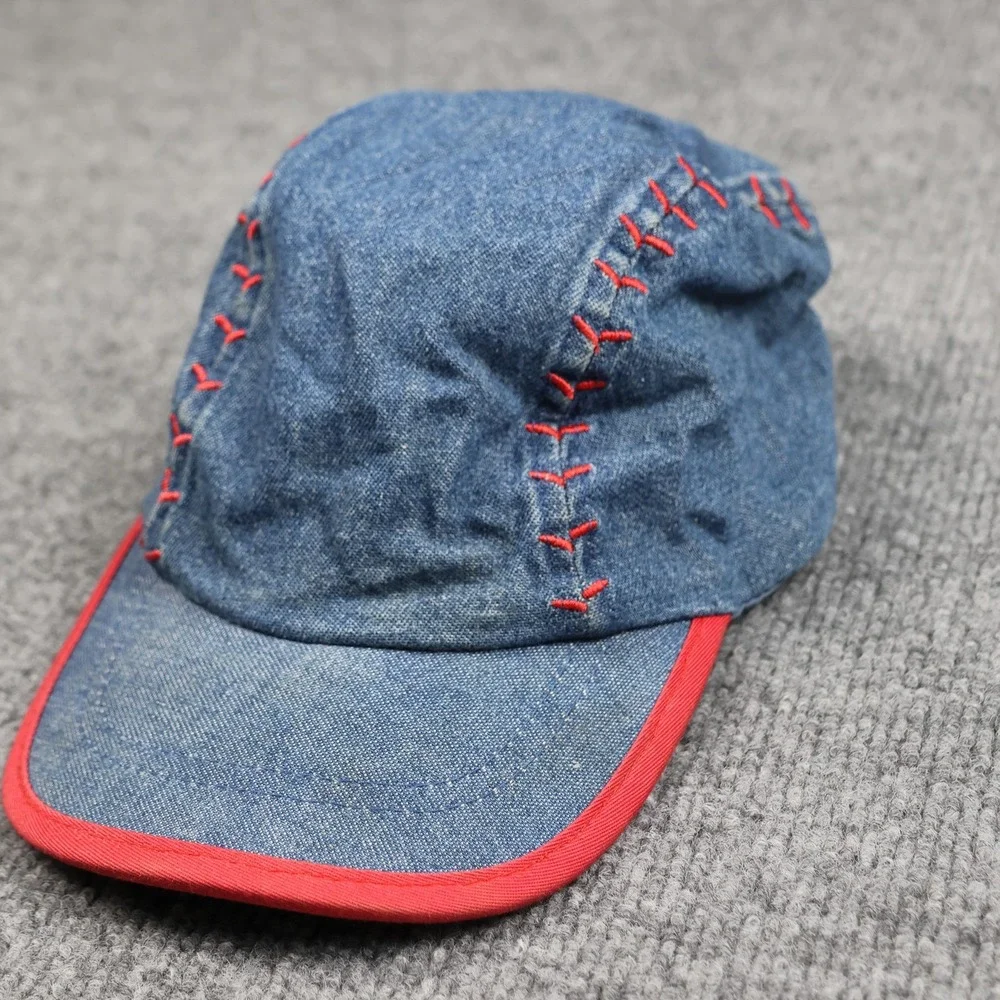 Little Slugger Hat‎ Cap Fitted Kids Toddler 2-4 Yrs Blue Denim Red Trim Baseball